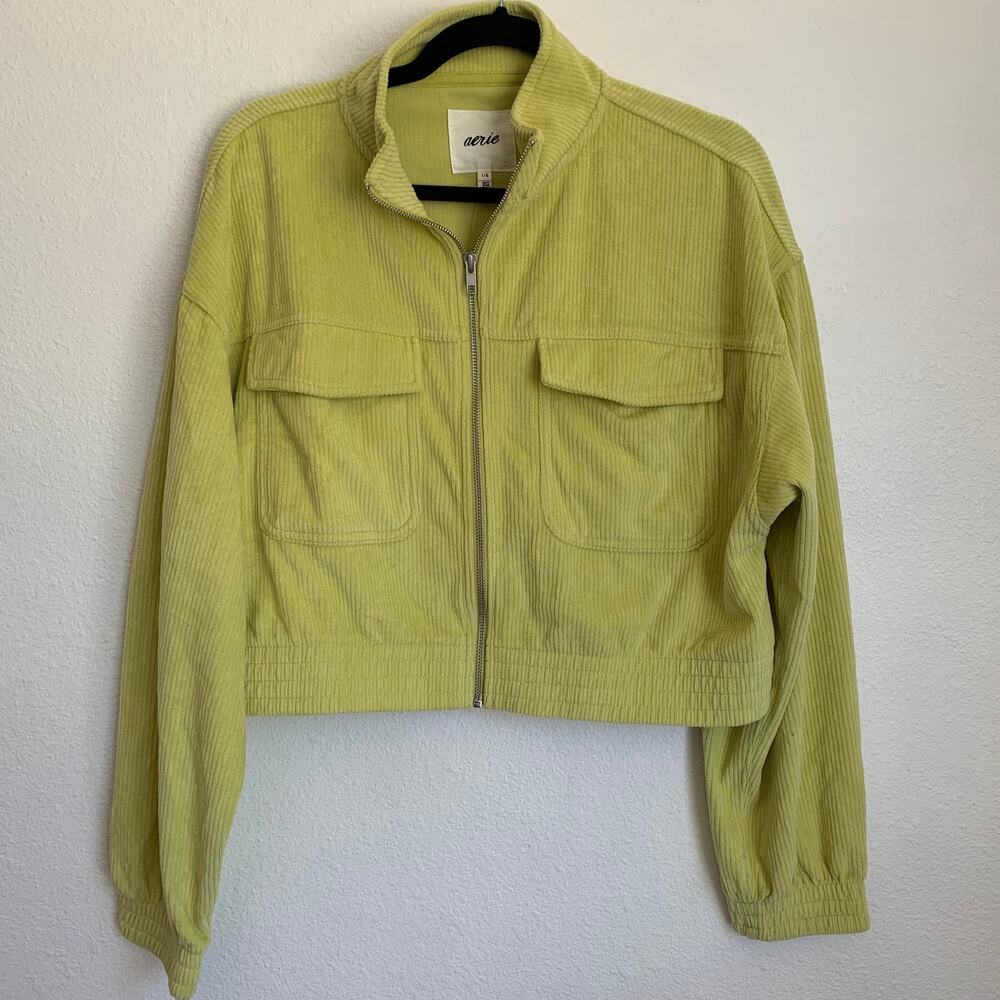 NWT Aerie Corduroy Ribbed Zip Up‎ Bomber Jacket in Neon Green